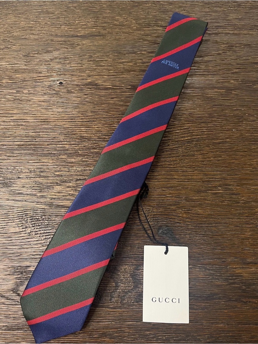 Gucci Striped Silk Tie in Navy, Olive & Red new with tags